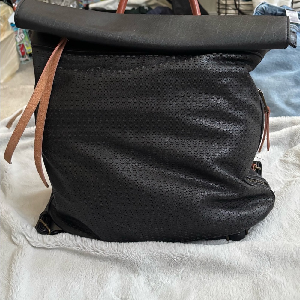 Black Textured Backpack with Brown Straps
